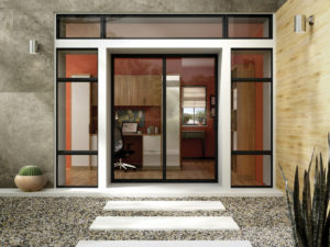 Large sliding glass doors with black frames and accent windows on the side.